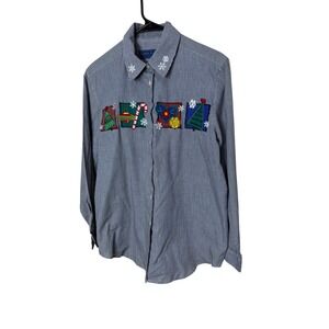 Vintage Karen Scott Button Up Shirt Blue White Gingham Christmas Applique size L